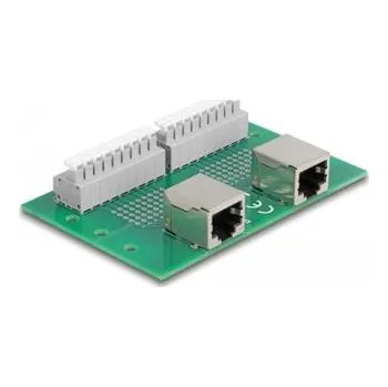 Síťový konektor Delock 2 x zásuvkových konektorů RJ45 na 2 x svorkovnice, s tlačítkem, na DIN lištu