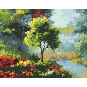 Diamondi Diamantové malování - STROM MEZI KVĚTINAMI U ŘEKY Rozměr: 40x50 cm, Rámování: bez rámu a bez vypnutí plátna