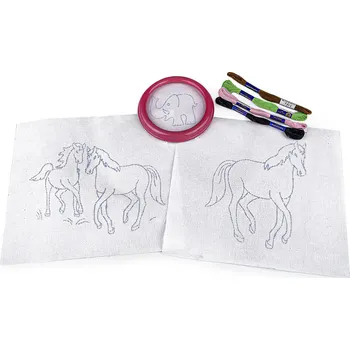 Vyšívací vzor Dětská vyšívací sada s předtištěným motivem 380095/7, koně (rámeček, předtisk a příze)