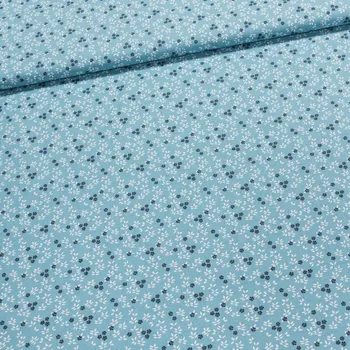 Bavlněné plátno NAHO 1B, tmavě modré kvítečka bílé lístky na tyrkysové , š.140cm (látka v metráži)