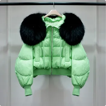 Dámská péřová zimní bunda s extra velkým kožíškem na kapuci Barva: zelená 4, Velikost: S