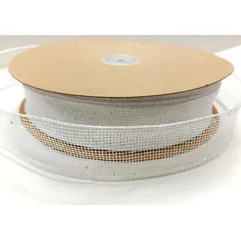 Stuha Stuha síťovaná třpytivá s drátem - bílá - 40 mm/1 m