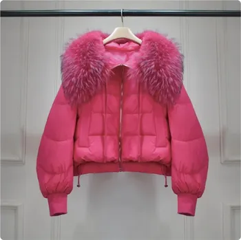 Dámská péřová zimní bunda s extra velkým kožíškem na kapuci Barva: Růžová 1, Velikost: M