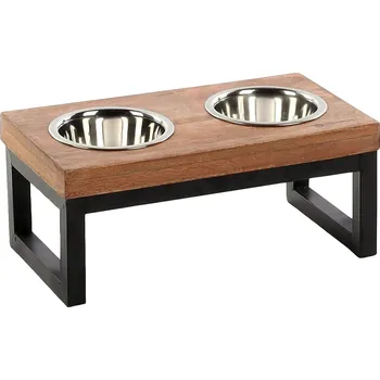 Miska pro psa Flamingo DUO DINNER dřevěný stojan s nerez miskami TOMMY s nerez miskami TOMMY 2700ml
