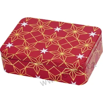 Dóza na potraviny STARS RED červená plechová dóza na čokoládové pralinky 3500 zlaté a bílé hvězdy