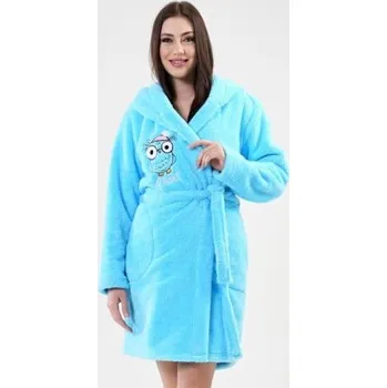 Dámské noční prádlo Dámský župan krátký s kapucí Vienetta Secret Sova tyrkysová L