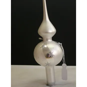 Vánoční ozdoba Vánoční skleněná špice, 1-kulová, stříbřená, bílý mat, stříbrný dekor hvězd