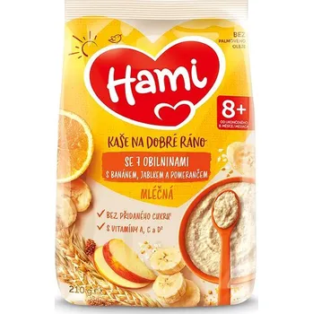 Dětská kaše Hami mléčná kaše se 7 obilninami s banánem, jablkem a pomerančem 210 g