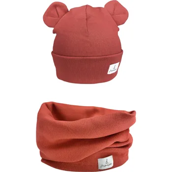 Dívčí mikina Mimilove Sada čepičky MEDVÍDEK s nákrčníkem Cihlově červená 2-4 let