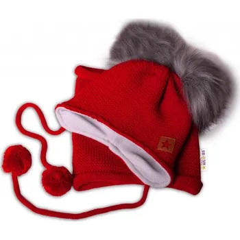 Kojenecký body Baby Nellys Zimní čepice s fleecem a chlupáčkové bambulky Star + komínek - červená, 68-86 (6-18m)