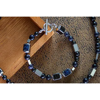 Náramek Lampglas Pánský náramek Star Dust s unikátní perlou Lampglas, Blue Goldstone a chirurgickou ocelí délka: L1-22cm