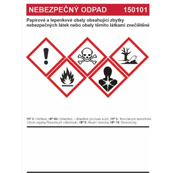 Nebezpečný odpad 150101 - Papírové a lepenkové obaly obsahující ..... samolepící vinylová fólie A6 (148 x 105 mm)