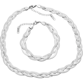 Souprava šperků Dámský plochý náhrdelník s náramkem z chirurgické oceli KM1321