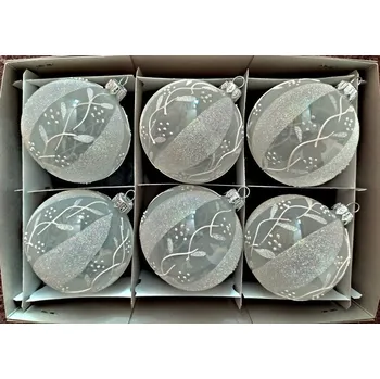 Vánoční dekorace Vánoční skleněné koule 8cm, hladké, průhledné bílé, bílý porcelán, větvičkový dekor, 6ks