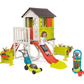 Dětský domeček Domeček na pilířích Pilings House Smoby s 1,5 m skluzavkou zvonkem a zahrada se sekačkou a nářadím