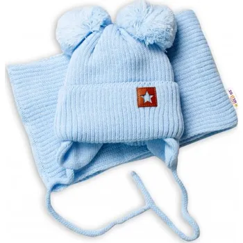 Módní doplněk Dětská zimní čepice s šálou STAR - modrá s bambulkami, BABY NELLYS, Velikost koj. oblečení 68-80 (6-12m)