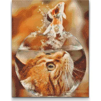 Diamantové malování Diamantové malování - Kočičí pohled na zlatou rybku Velikost: 30x40cm, Rámování: Pouze srolované plátno, Diamanty: Kulaté
