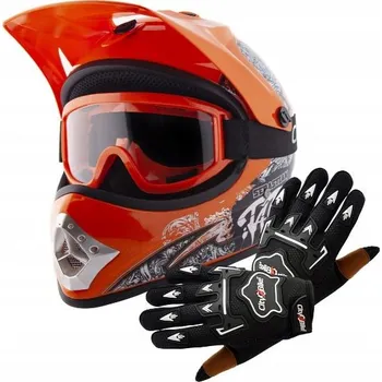Helma na motorku ATV dětský motocross set: oranžová helma XS (51–52 cm), rukavice a brýle (Výhodné atv moto sety)
