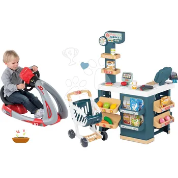 Dětská kuchyňka Set obchod elektronický s váhou a skenerem Super Market a trenažér V8 Driver Smoby se zvukem a světlem