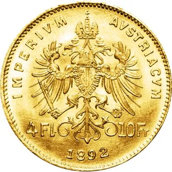 Zlatá investiční mince Čtyřzlatník Františka Josefa I. 4 gulden 10 Franků 1892 (novoražba)