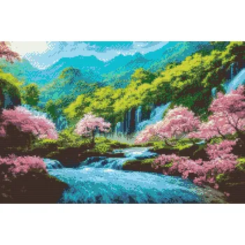 Diamantové malování Diamantové malování - Rozkvetlé stromy u vodopádu Velikost: 40x60cm, Rámování: Pouze srolované plátno, Diamanty: Čtvercové
