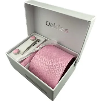 Kravata Luxusní set růžový s bílým vzorem - Kravata, kapesníček do saka, manžetové knoflíčky, kravatová spona v dárkovém balení