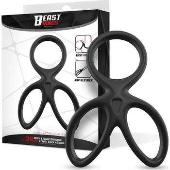 Beast Rings Triple Penis & Testicles Ring Liquid Silicone Black