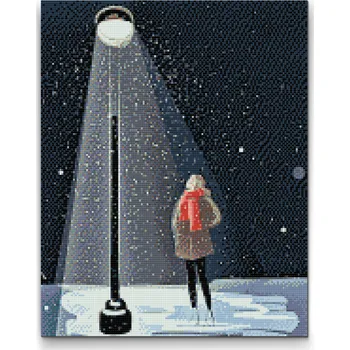 Diamantové malování Diamantové malování - Žena pod lampou a padající sníh Velikost: 30x40cm, Rámování: Pouze srolované plátno, Diamanty: Kulaté