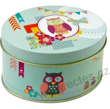 Dóza na potraviny OWL LOVE tyrkysová plechová dóza ovál 7254 kreslené barevné sovy
