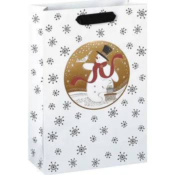 Dárková taška Taška vánoční dárková, bílá, potisk vločky, motiv sněhulák, 22,5 x 33,5 x 10cm