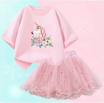 Unicorn (Jednorožci) Dívčí letní set - nařasená TUTU sukně + bavlněné tričko s motivem jednorožce Varianta: set 27 (růžové tričko+růžová sukně), Velikost: 12 let/150