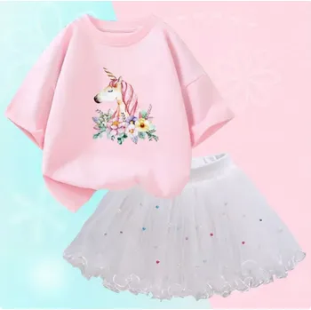 Unicorn (Jednorožci) Dívčí letní set - nařasená TUTU sukně + bavlněné tričko s motivem jednorožce Varianta: set 30 (růžové tričko+ bílá sukně), Velikost: 8 let/130