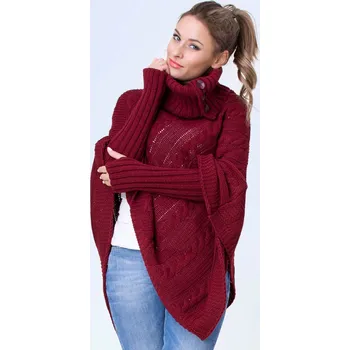 Dámský svetr Pletené dámské pončo NOEMI vínové, VELIKOST UNI ( S, M , L )