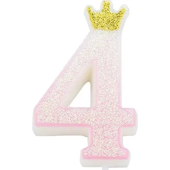 Dortová svíčka Svíčka číslo 4 růžová s korunkou a glitrem 9,5 cm gi50684