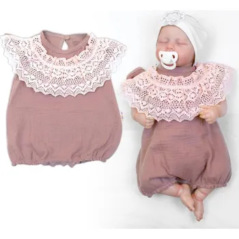 Body s nohavičkami, mušelín s krajkou BOHO - hnědorůžová, Velikost koj. oblečení 62 (2-3m)