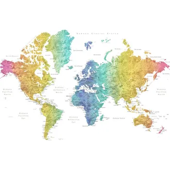 Plakát Plakát, Obraz - World map with labels in Spanish, rainbow watercolor, Blursbyai
