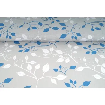 Plátno bavlněné, vzor bílé a modré větvičky na šedé, metráž, látka