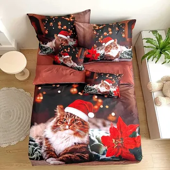 Povlečení Sendia 7-dílné vánoční 3D povlečení - Kočka v čepici