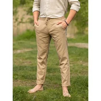 Pánské kalhoty Pánské lněno-bavlněné kalhoty - hnědé Béžově hnědá XXL - 50