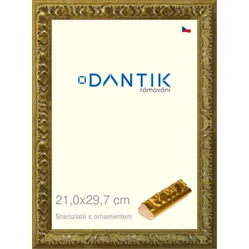 Rám na obraz DANTIK rámeček 21x29,7 | Starozlatá s ornamentem (Sklo Čiré) (Vyrobeno s láskou u nás v DANTIKU)