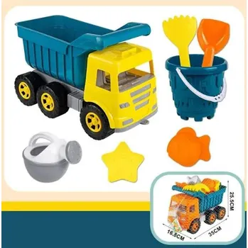 Hračka na písek DOVOZ EU SADA HRAČEK NA PÍSEK S AUTEM - SKLÁPĚČEM 34 CM 7 KS