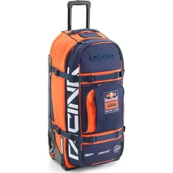 Cestovní taška Velká textilní cestovní motokrosová taška na kolečkách s teleskopickou rukojetí KTM REPLICA TEAM TRAVEL BAG 9800 PRO barva modrá/oranžová, objem 122 litrů
