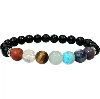 Drahý kámen Mani Bhadra Mani Bhadra Náramek s drahými čakrovými kameny 7 Chakra a kameny Onyx (korálky Ø cca 8 mm)