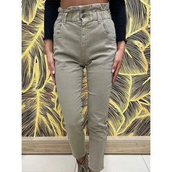 Dámské kalhoty Dámské kalhoty S65-1 s ozdobným pasem v béžové barvě, VELIKOST S