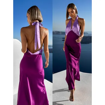 Dámské šaty Fialové dlouhé elegantní šaty JOLIED na zavázání kolem krku Velikost: ONESIZE