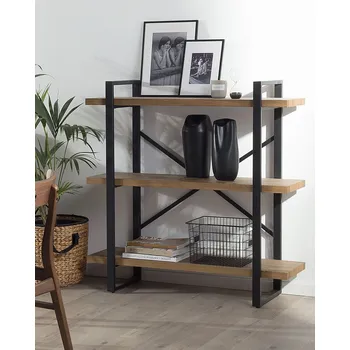 Obývací pokoj Třístupňová knihovna z tmavého dřeva s černým kovovým rámem, otevřené police, úložný prostor, kancelář, obývací pokoj Beliani