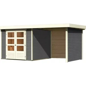Zahradní domek Dřevěný domek KARIBU ASKOLA 3,5 + přístavek 2,4 m včetně zadní a boční stěny, Šedý Varianta: dřevěný domek KARIBU ASKOLA 3,5 + přístavek 240 cm včetně zadní a boční stěny (9146) šedý LG3247