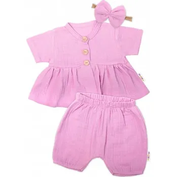 Kojenecké oblečení Baby Nellys 3-dílná mušelínová soupravička, tunika/halenka, kraťasky, čelenka, růžová, Velikost koj. oblečení 56 (1-2m)