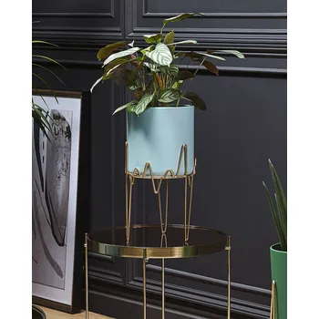 Stojan na květiny Stojan na květiny modrý se zlatou kovový 19 x 19 x 39 cm venkovní vnitřní odolný proti UV záření moderní průmyslový Beliani