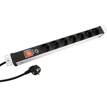 Elektrická zásuvka Value Value 19" napájecí panel 1U, 7x zásuvka DE, přepěťová ochrana, vypínač, černý, 3m